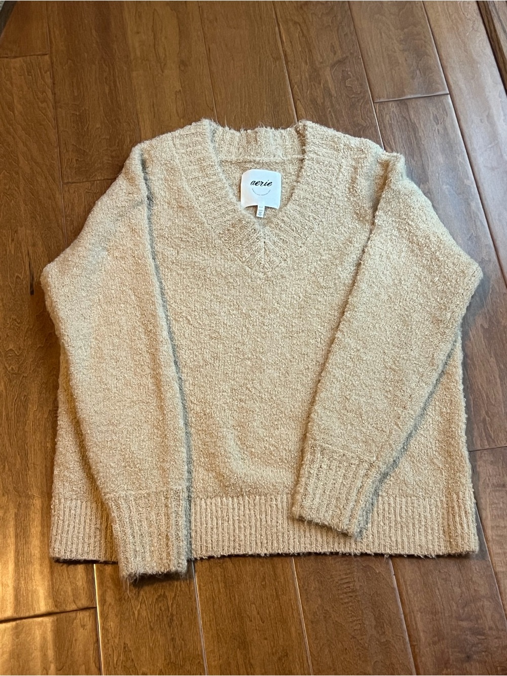 aerie Beige Oversized Textured V-Neck Sweater
